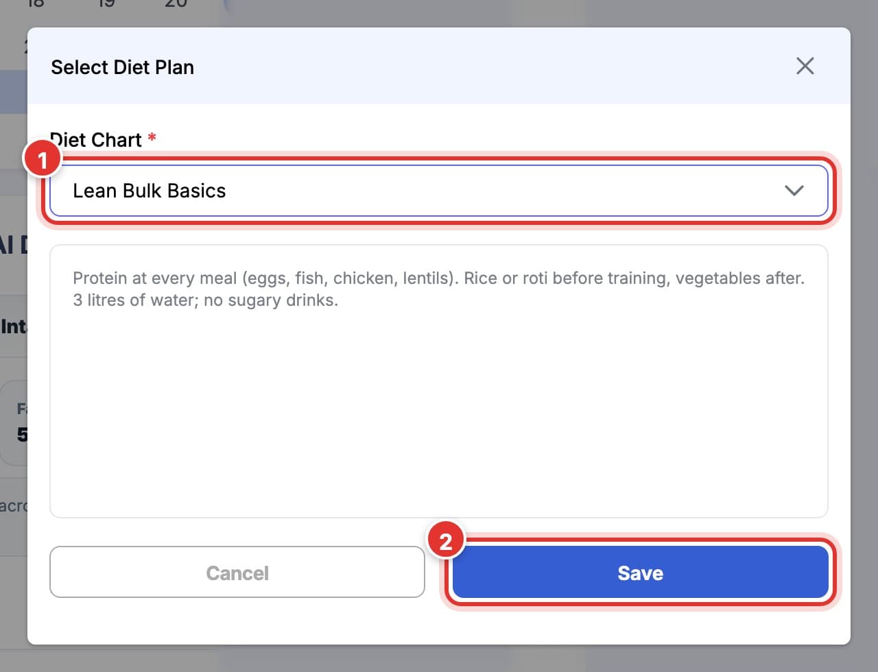 Select Diet Plan window with a diet chart chosen. Mark 1 is the Diet Chart list, mark 2 is Save.