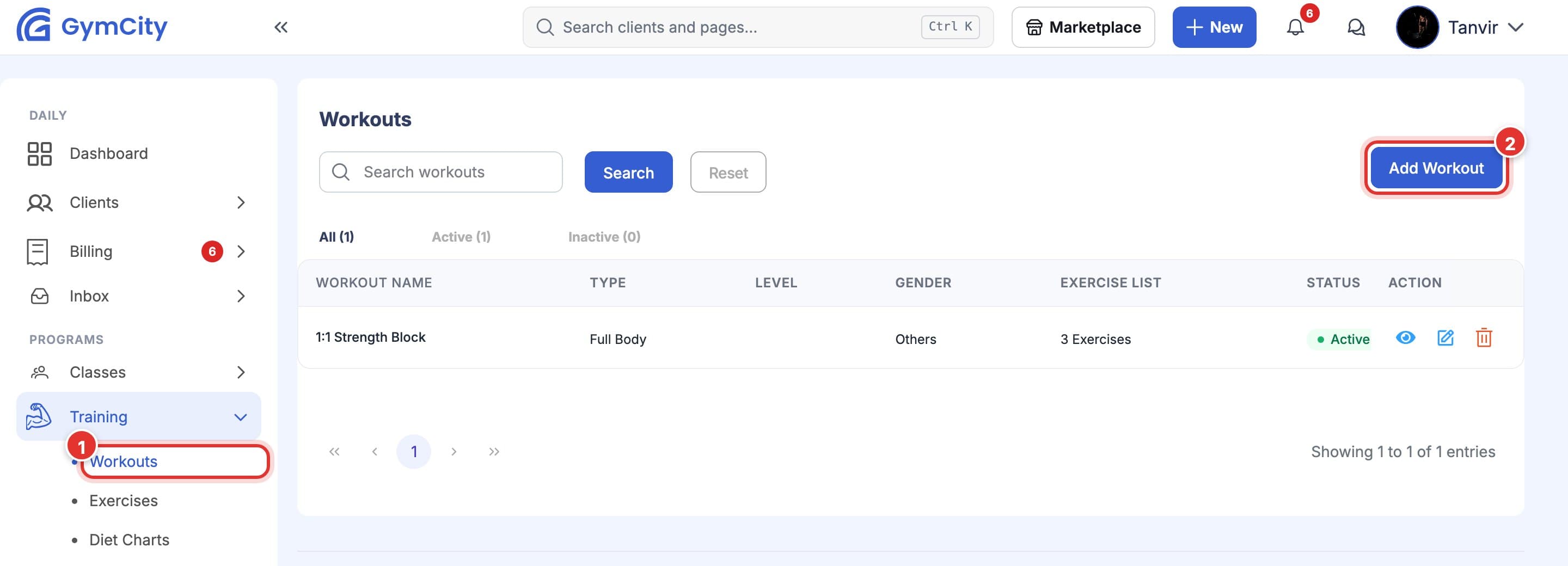 Workouts page. Mark 1 is on Workouts under Training in the left menu, mark 2 is on the Add Workout button.