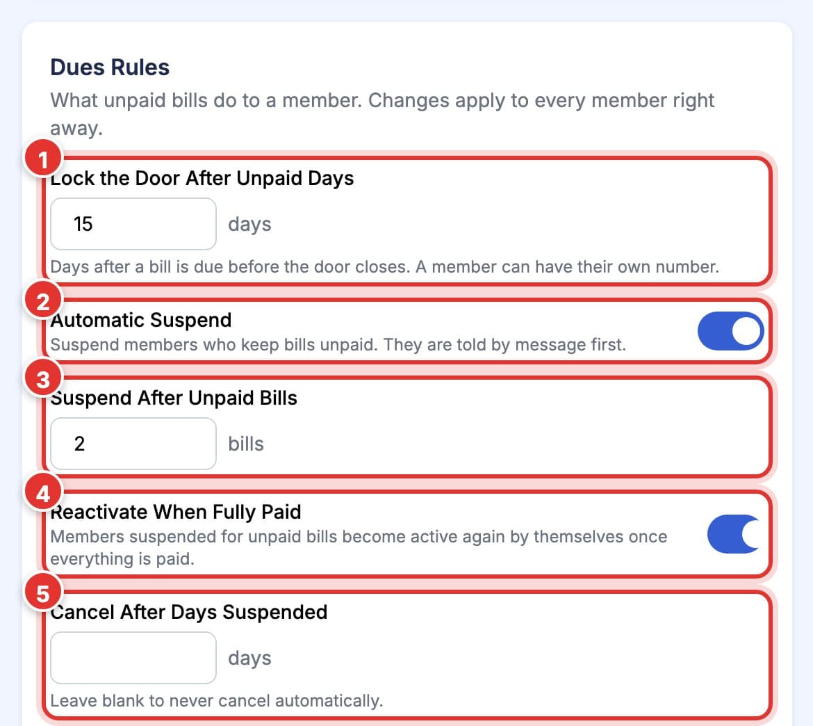 Dues Rules: lock days, Automatic Suspend, unpaid bills before suspend, Reactivate When Fully Paid and Cancel After Days Suspended. Marks 1 to 5.