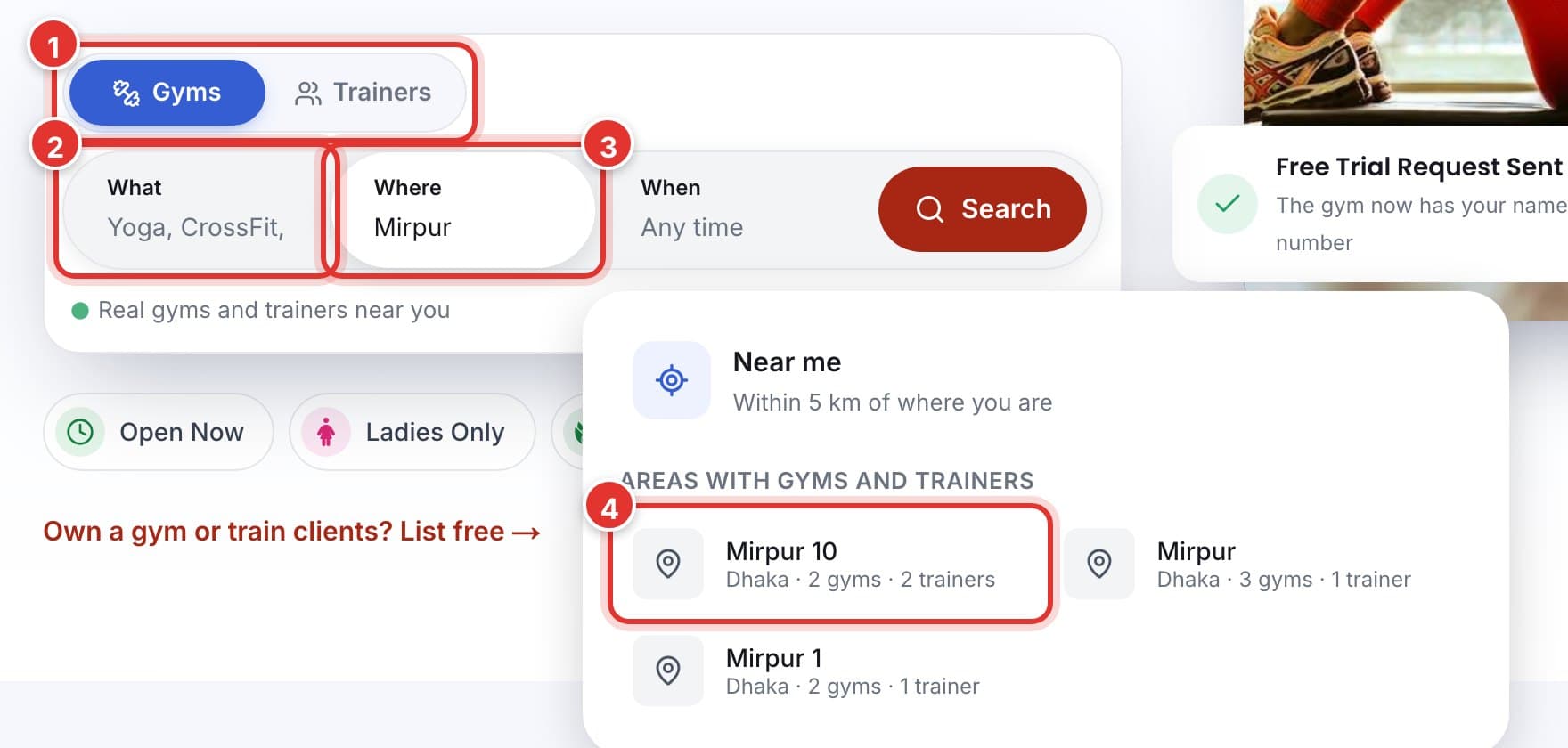 Search box on the GymCity home page with an area typed in. Mark 1 is on Gyms and Trainers, mark 2 on What, mark 3 on Where, mark 4 on an area in the list.