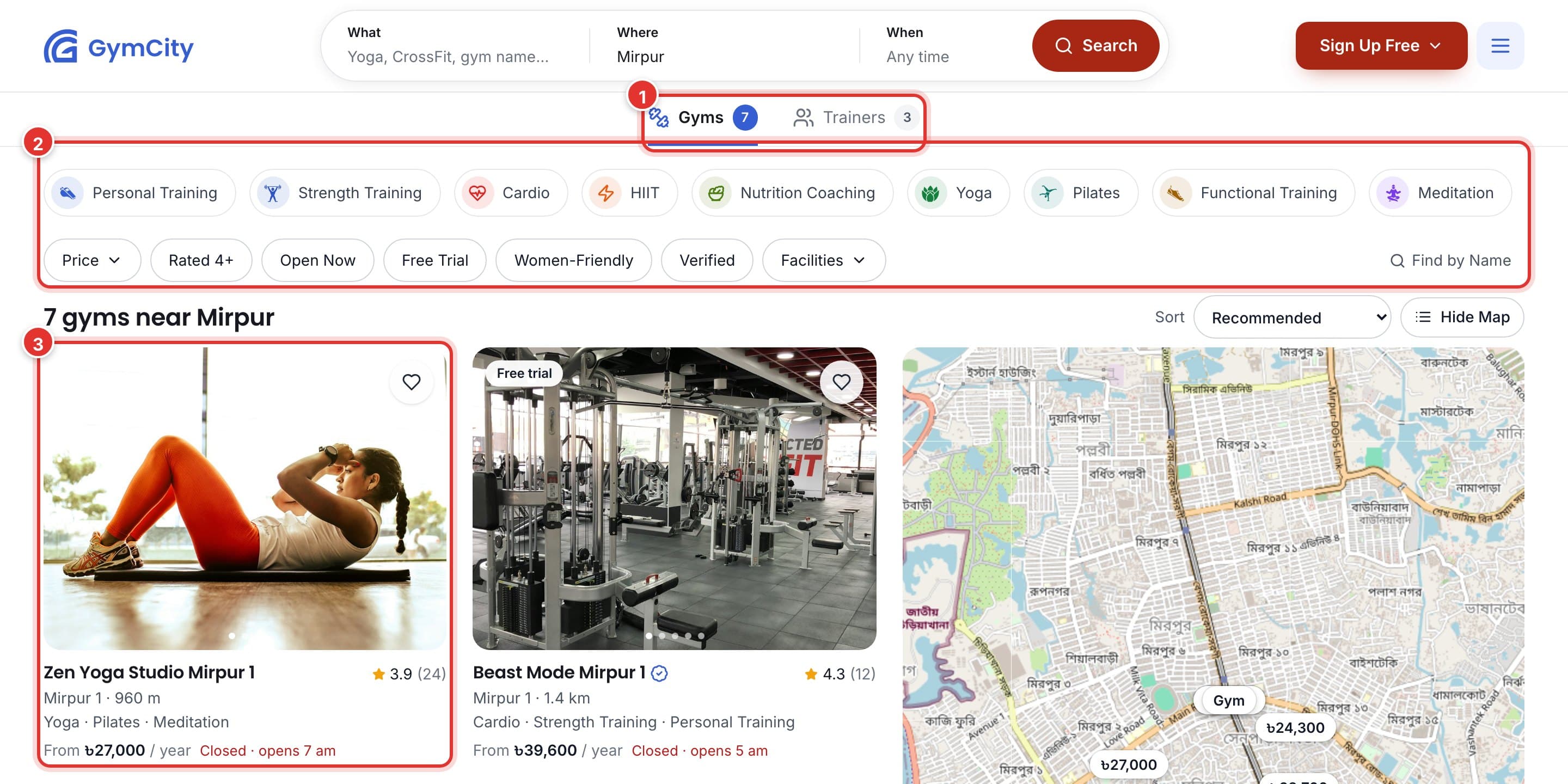 Search results for gyms near Mirpur. Mark 1 is on the Gyms and Trainers tabs, mark 2 on the activities and filters, mark 3 on a gym's card.