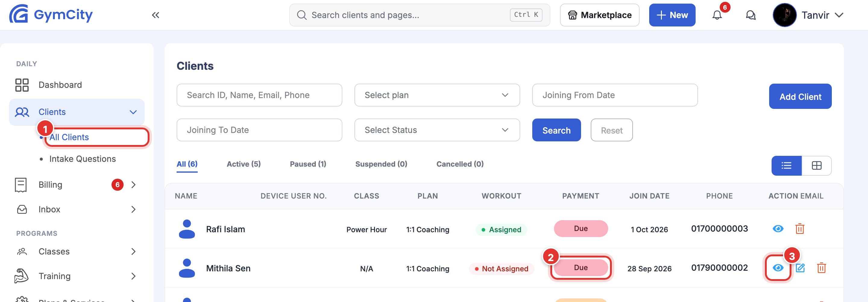 Clients list. Mark 1 is All Clients in the left menu, mark 2 is a client's Due payment status, mark 3 is the button that opens the client's page.