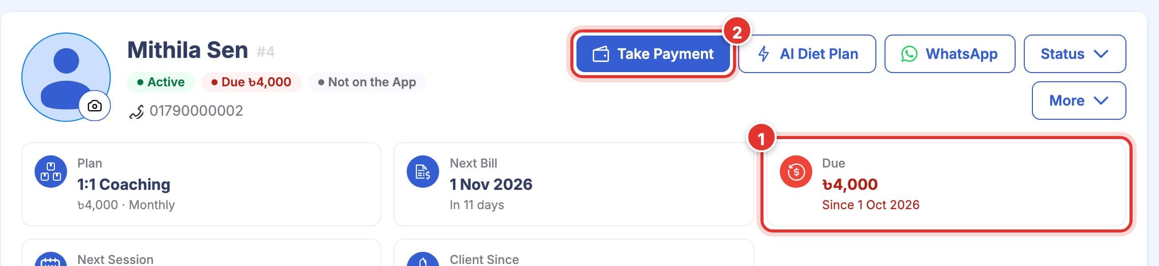 A client's page. Mark 1 is the Due card with the amount owed, mark 2 is the Take Payment button.