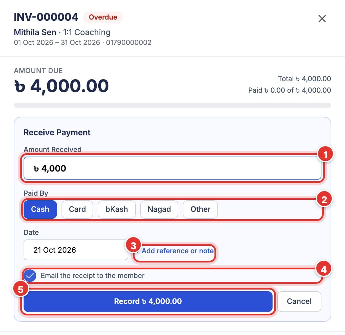 Invoice panel with the Receive Payment form. Marks: 1 Amount Received, 2 Paid By, 3 Add reference or note, 4 Email the receipt, 5 Record.