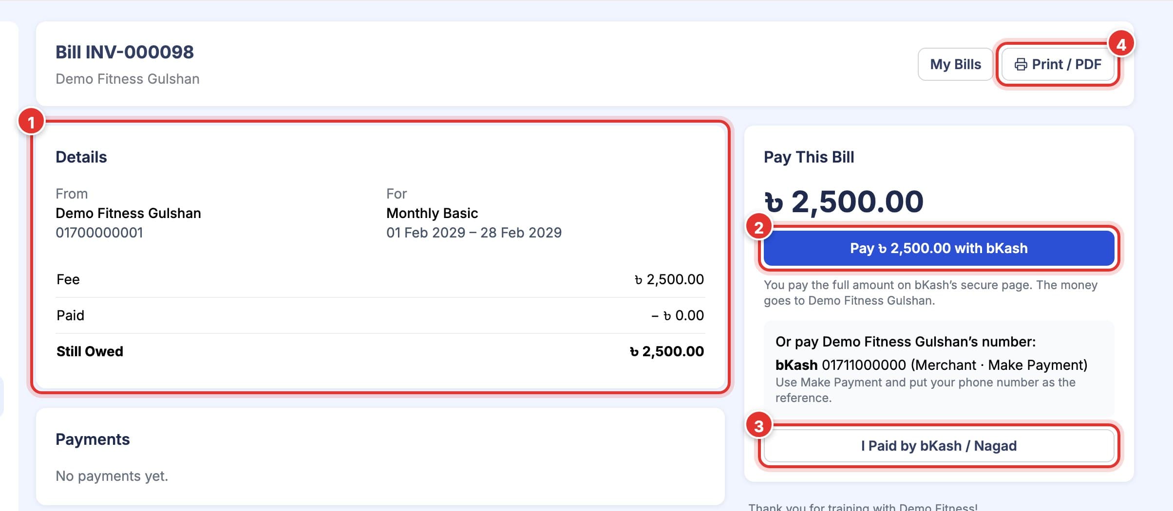 One bill. Mark 1 is on the details (fee, paid, still owed), mark 2 on the online Pay button, mark 3 on I Paid by bKash / Nagad, mark 4 on Print / PDF.