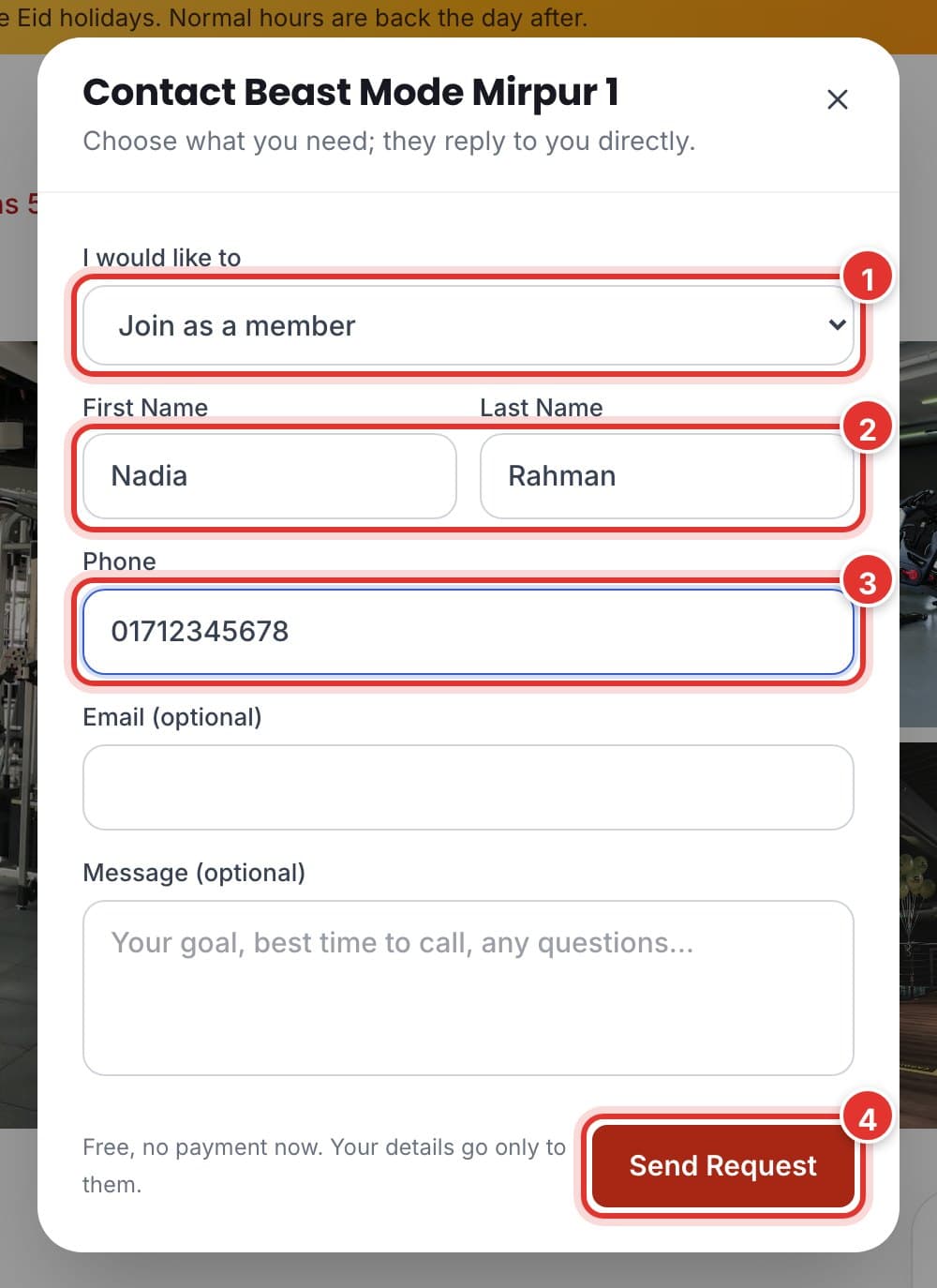 The request pop-up filled in with made-up details. Mark 1 is on I would like to, mark 2 on First Name and Last Name, mark 3 on Phone, mark 4 on Send Request.