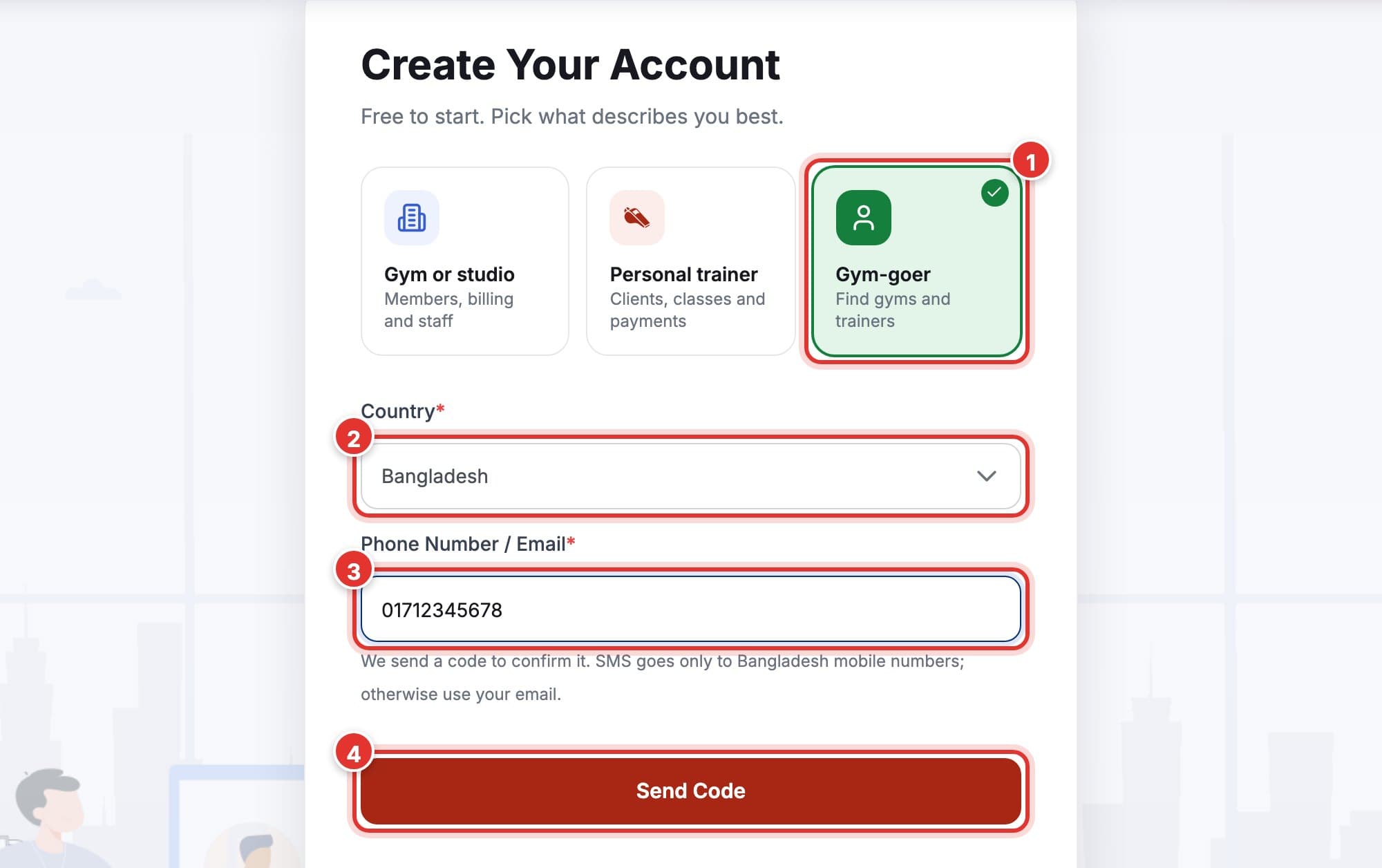 Create Your Account form with Gym-goer chosen, Bangladesh as the country and a phone number typed in. Marks 1 to 4.