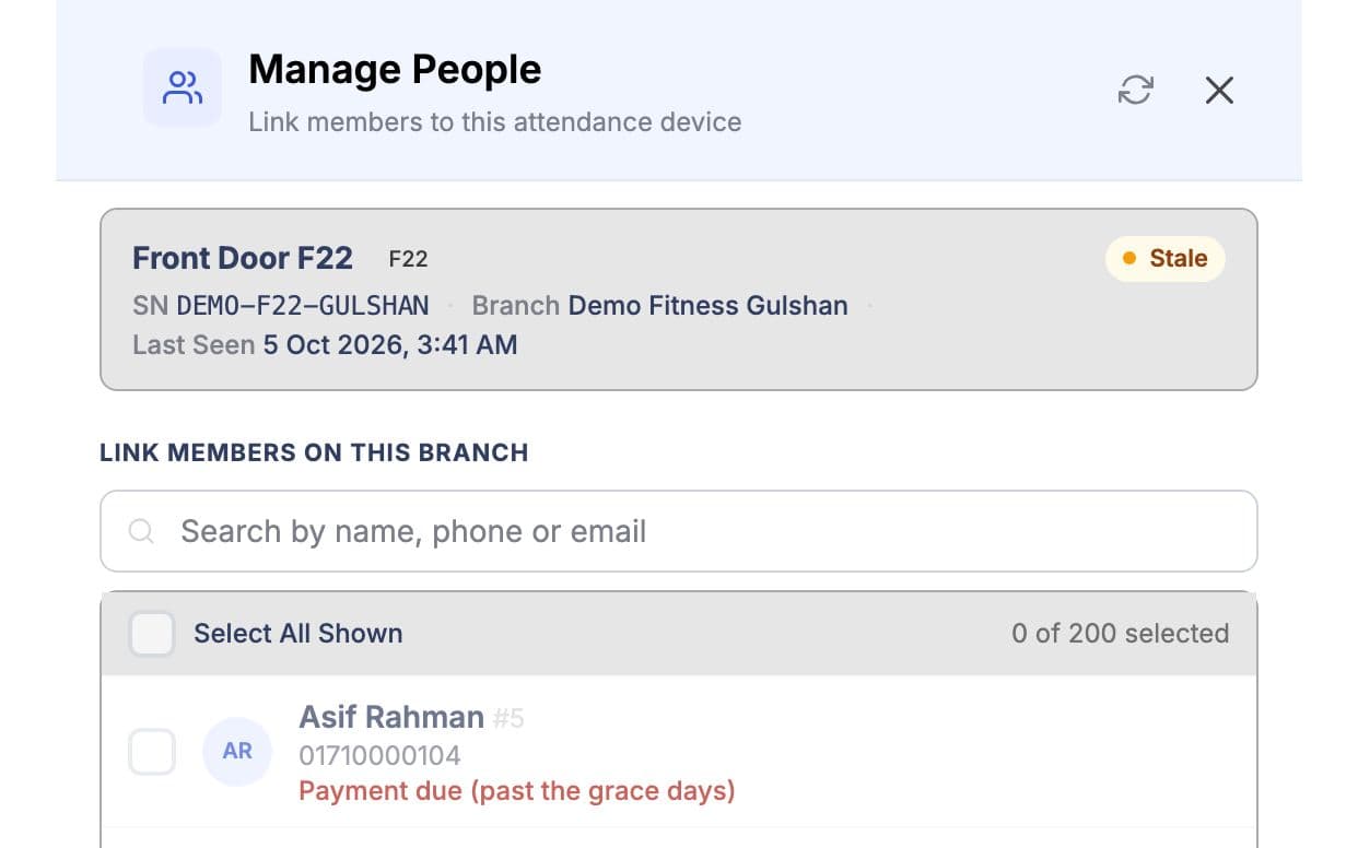 Manage people pop-up with members linked to a door device and refused members greyed out with the reason