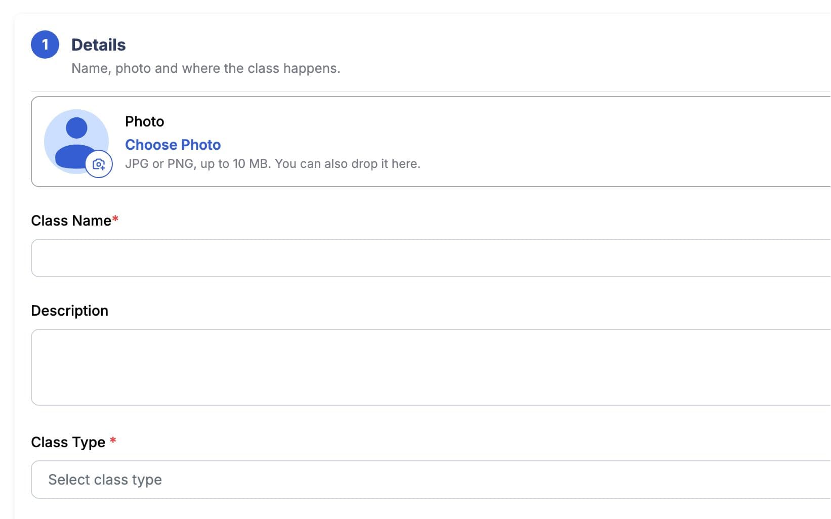 Add class form with name, plan, online, in-person or hybrid type, weekly times and capacity