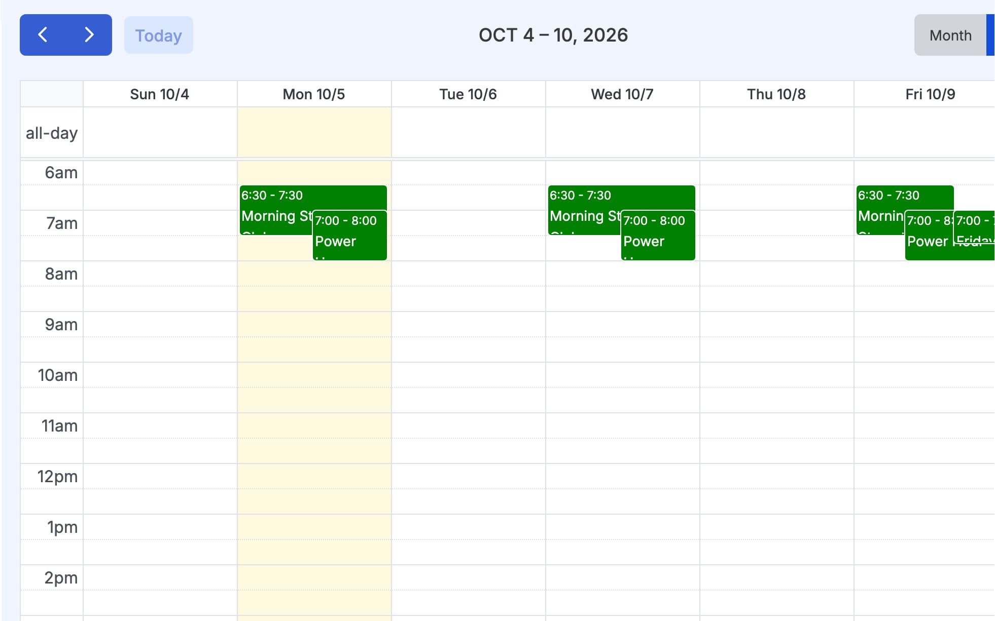 Weekly calendar view with each class session and its time