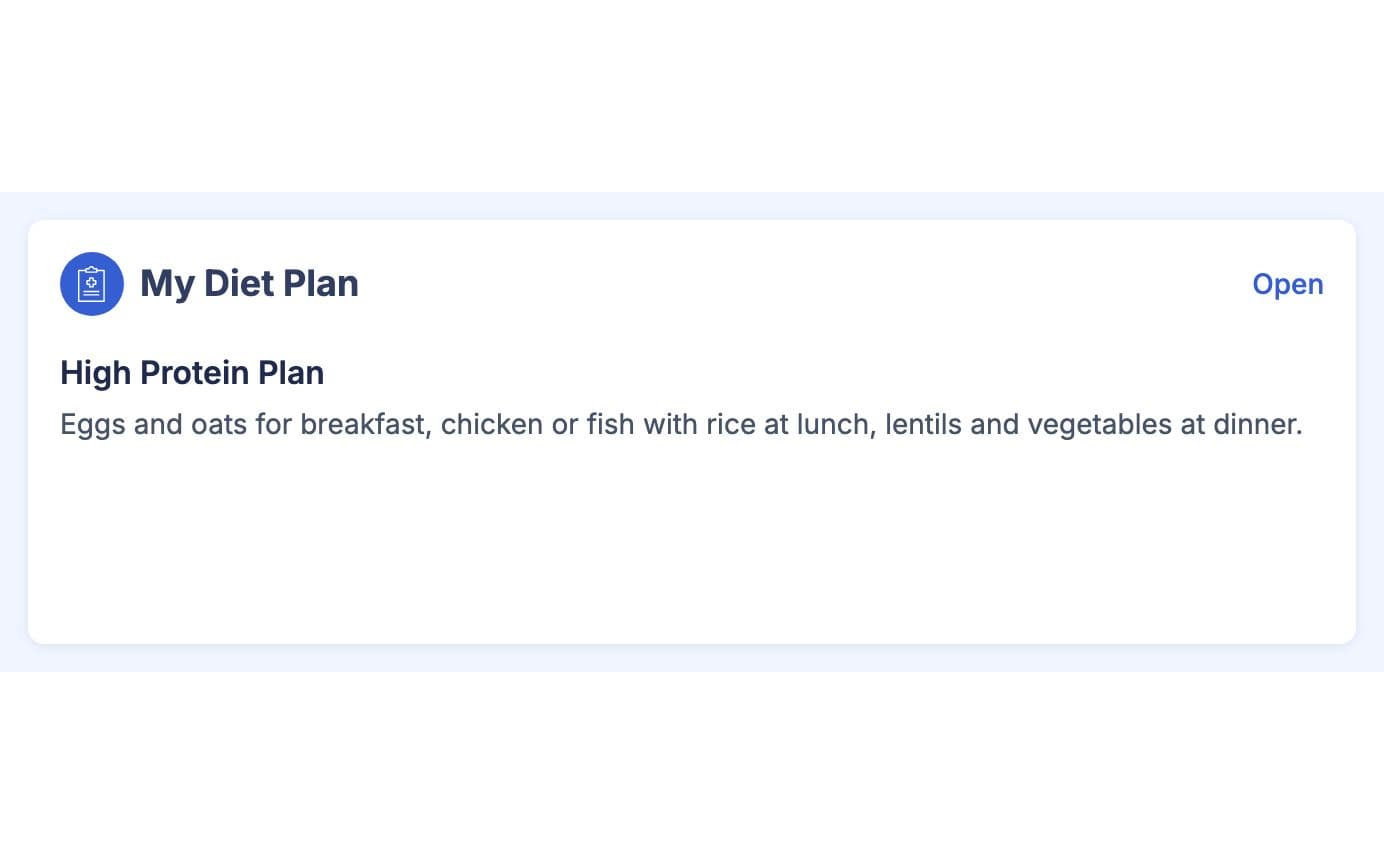 My Diet Plan card on the member home with the chart from the gym