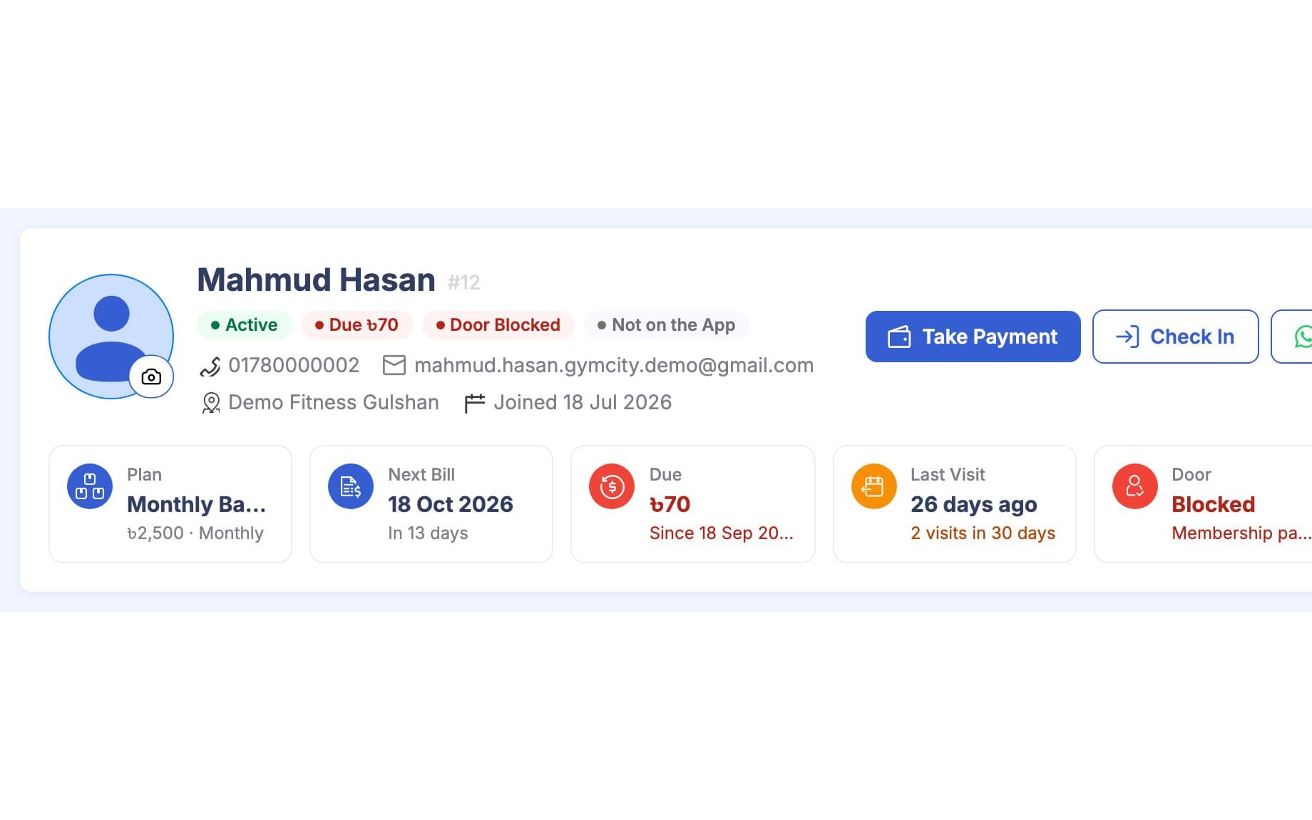Member profile header with plan, next bill, amount due, last visit, door access and trainer