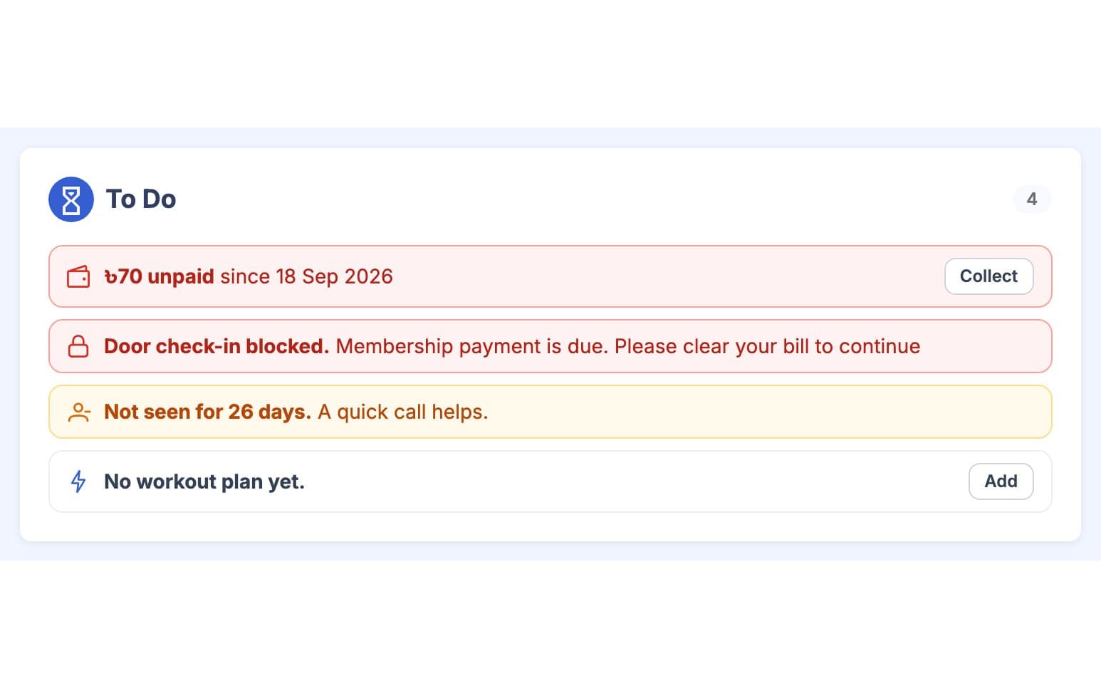 To Do list on a member profile with an unpaid invoice, a blocked door and a missing workout plan