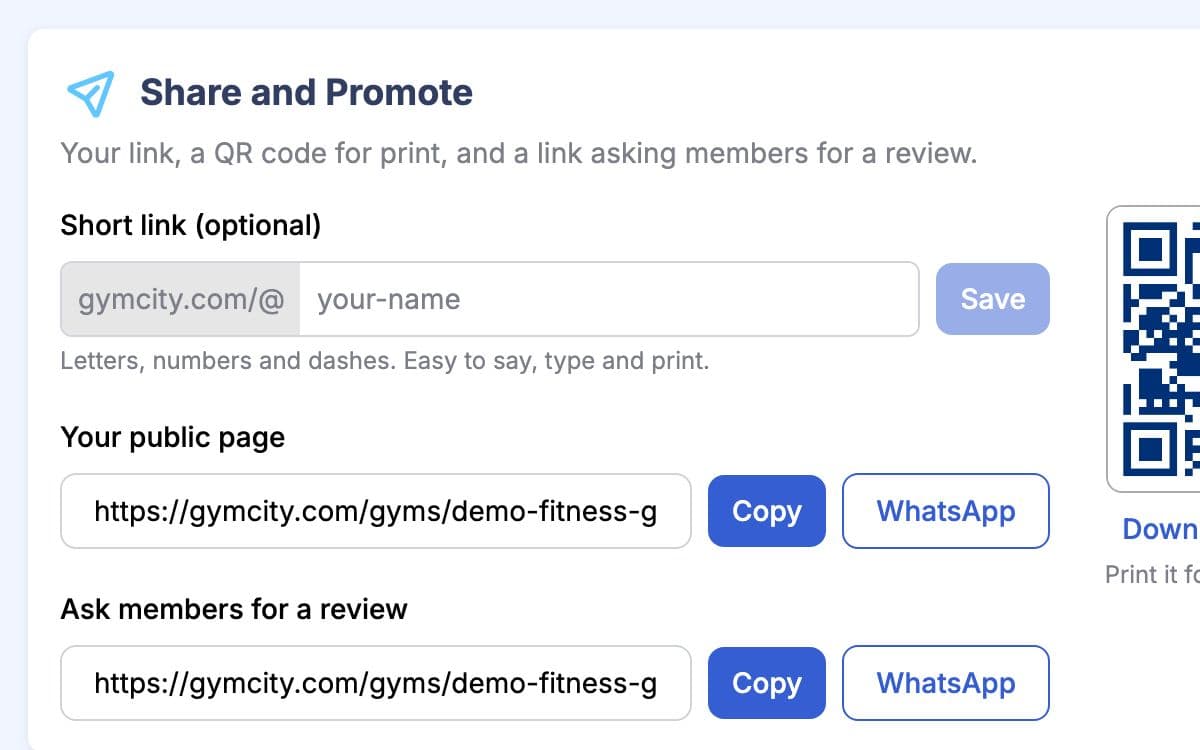 Your public page link with Copy and WhatsApp buttons, and the review invite link