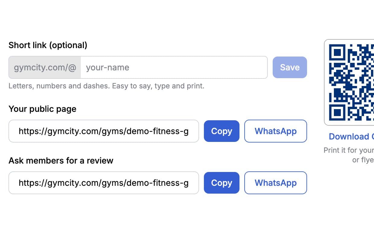Printable QR code for the gym page with a download button