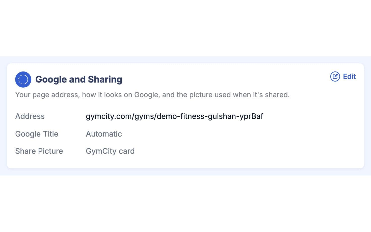 Google and sharing settings with the page address, Google title and the share picture