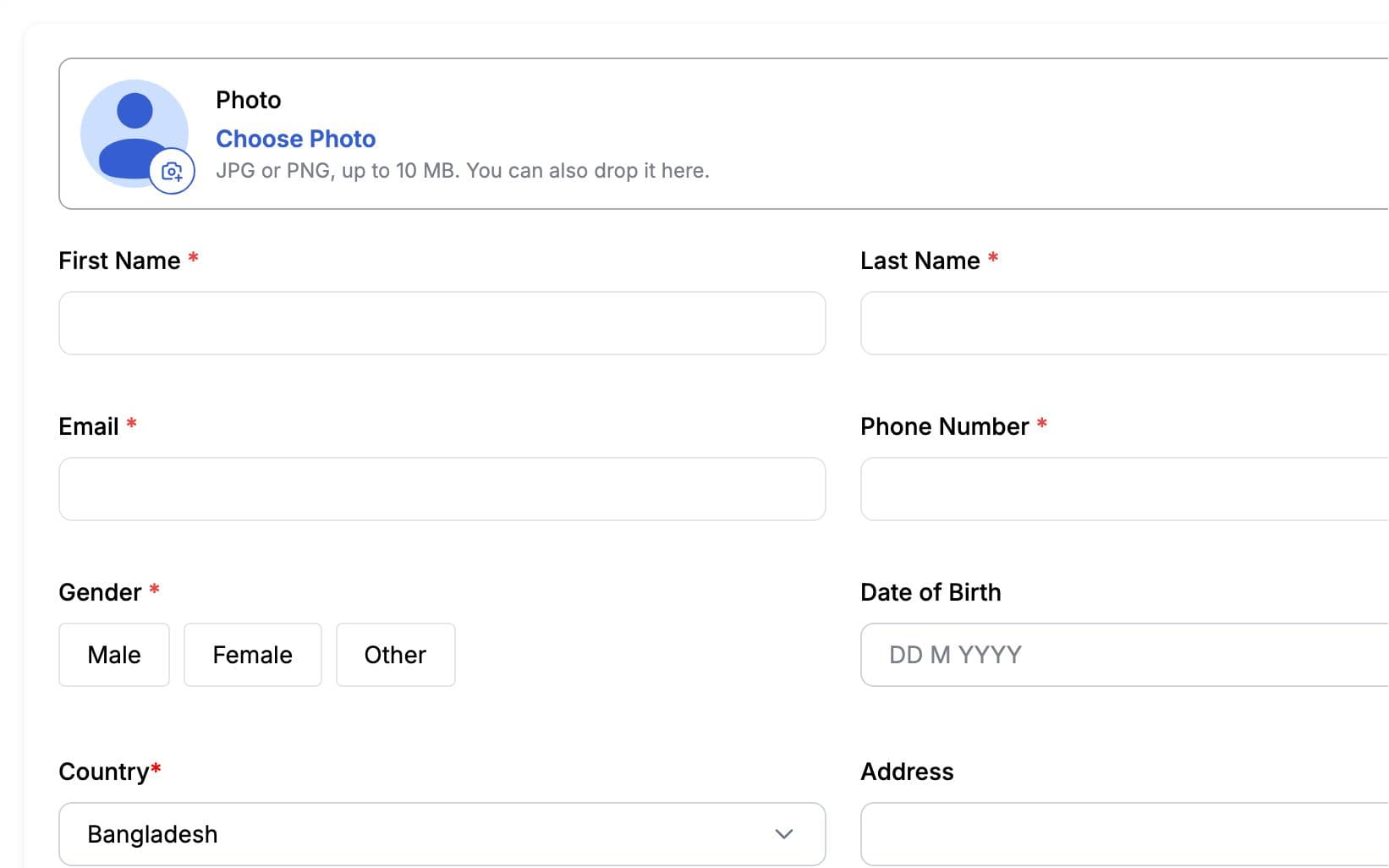 Add staff form with name, username, role and branch