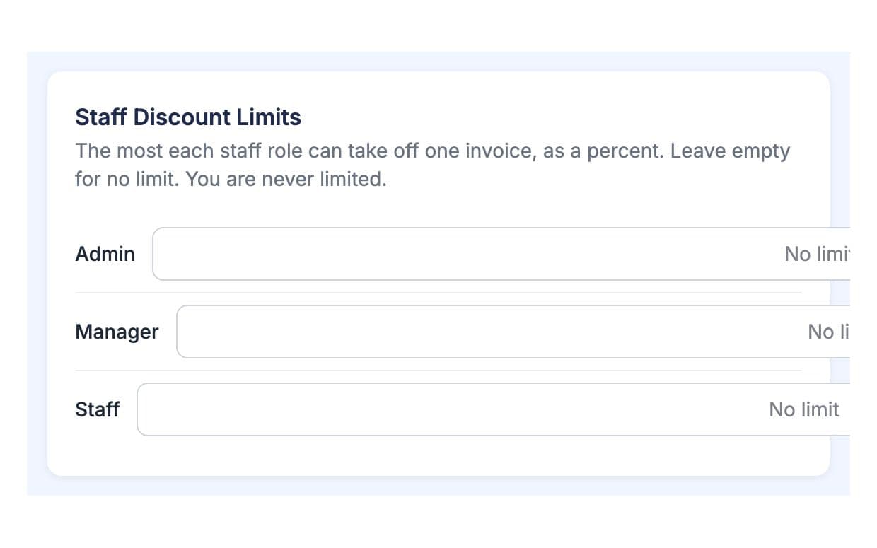 Staff discount limits with the largest discount each role can give