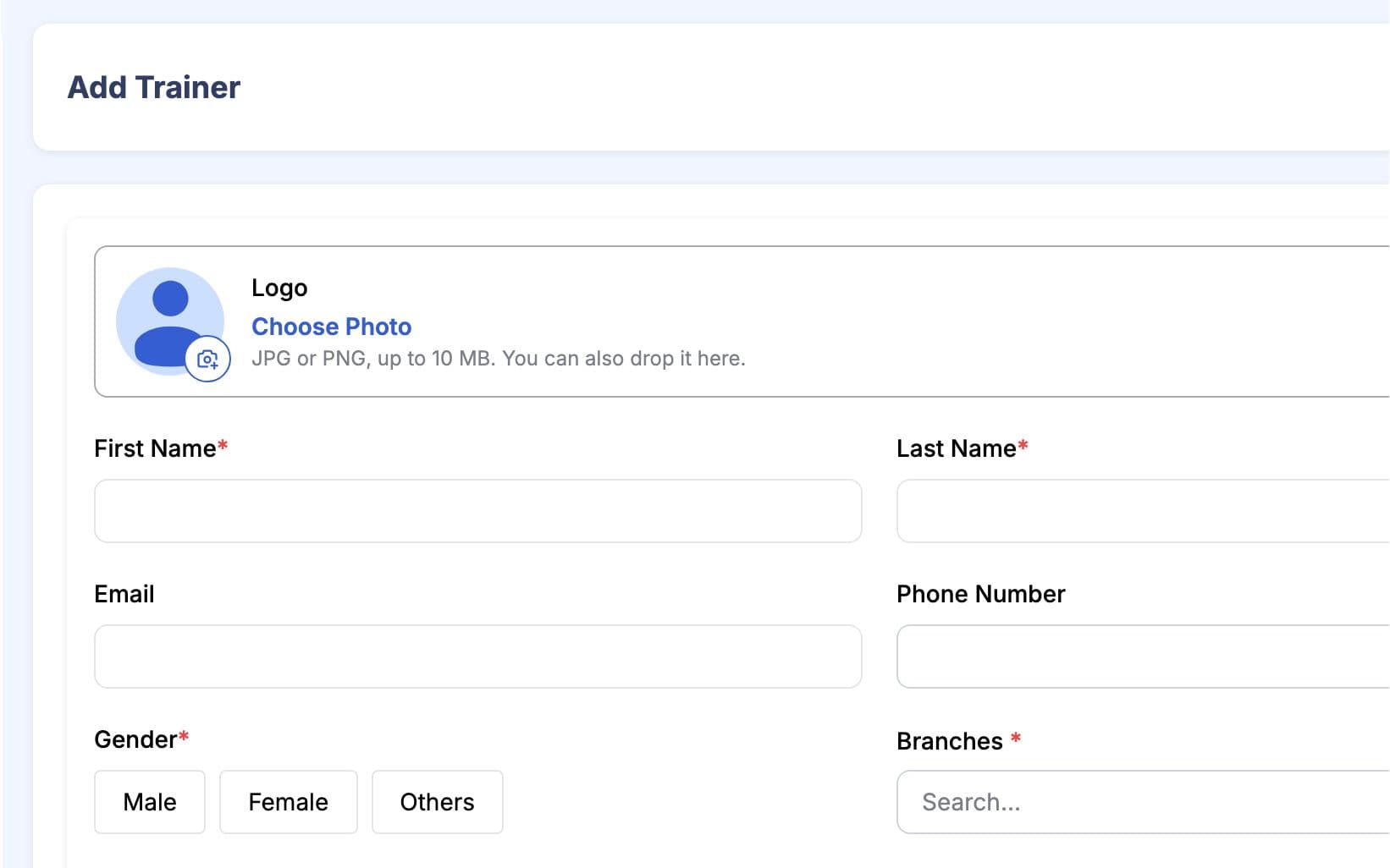 Add trainer form with name, contact, gender, branches and expertise