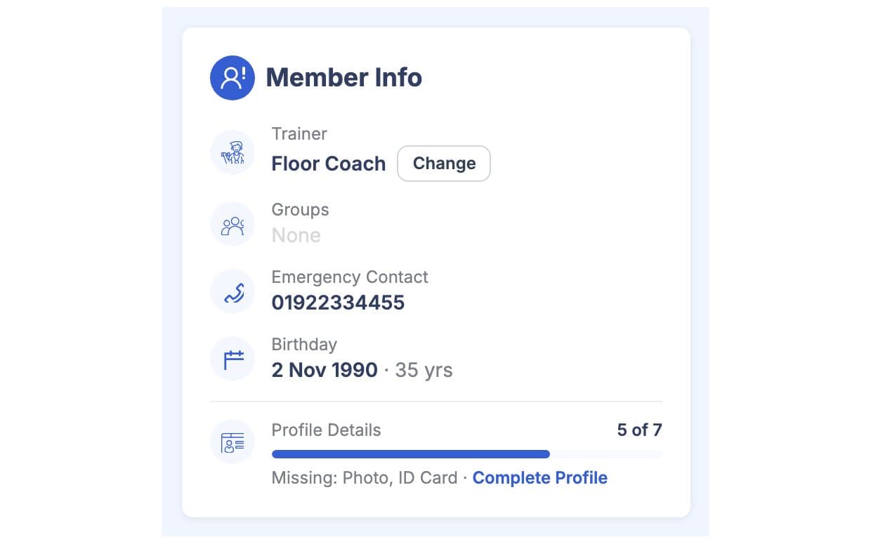 Member info card with the assigned trainer and a Change button
