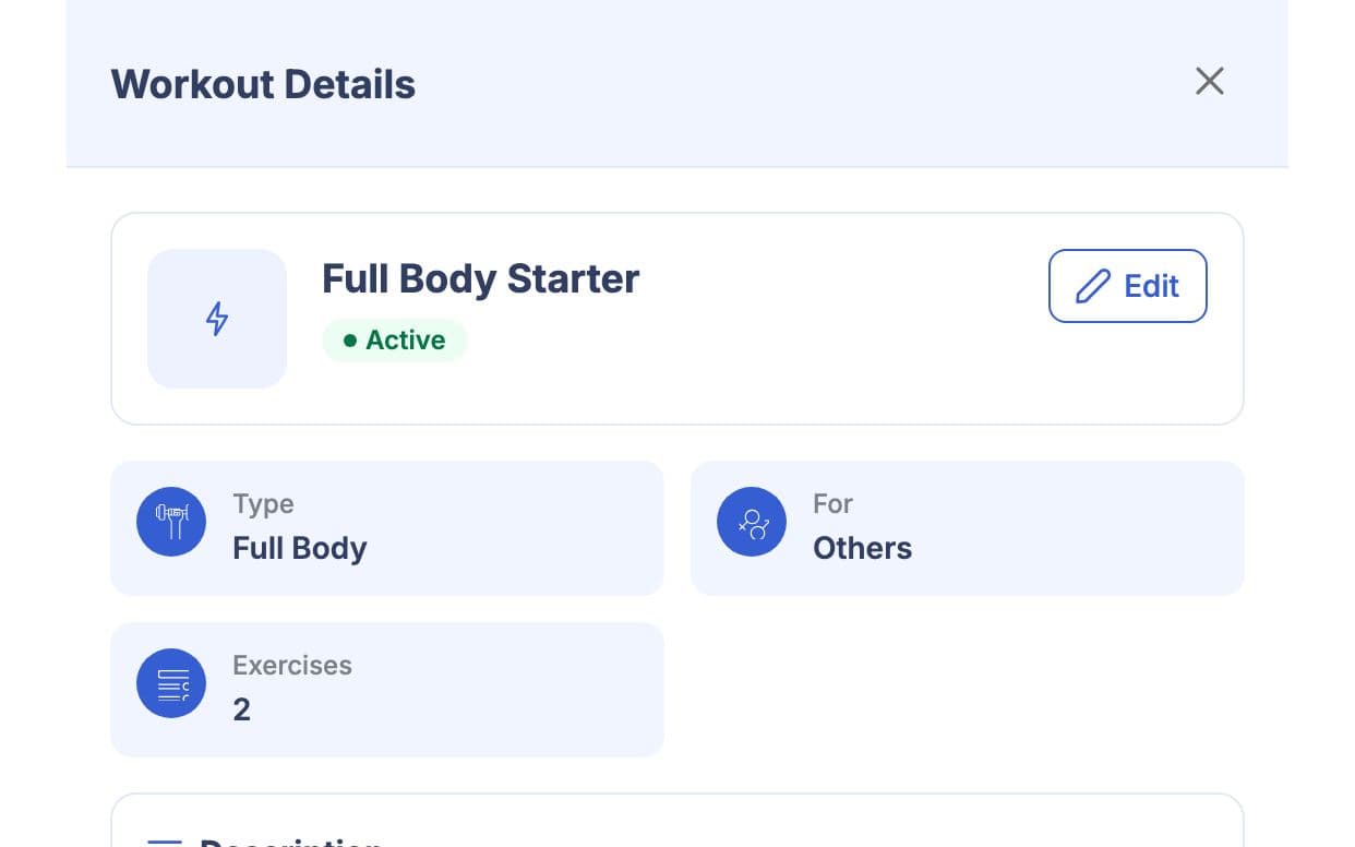Workout plan details with type, description and the list of exercises