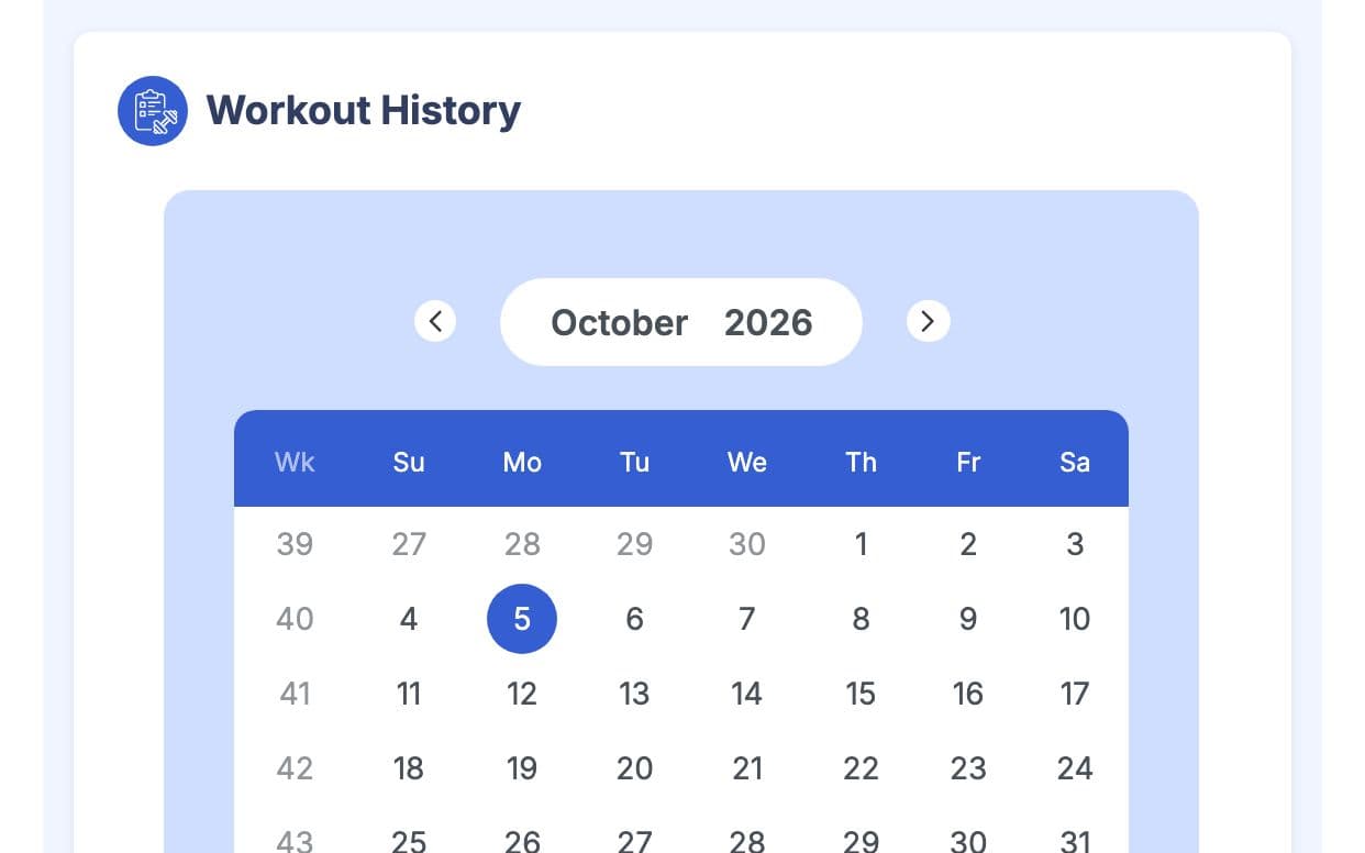 Workout history calendar on a member profile