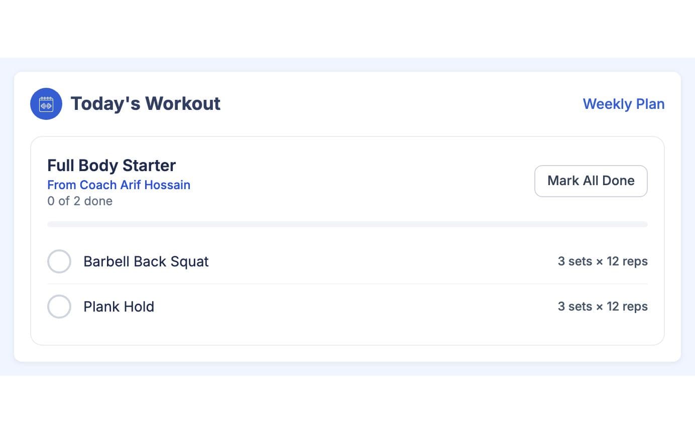 Today's workout on the member home with exercises to tick off